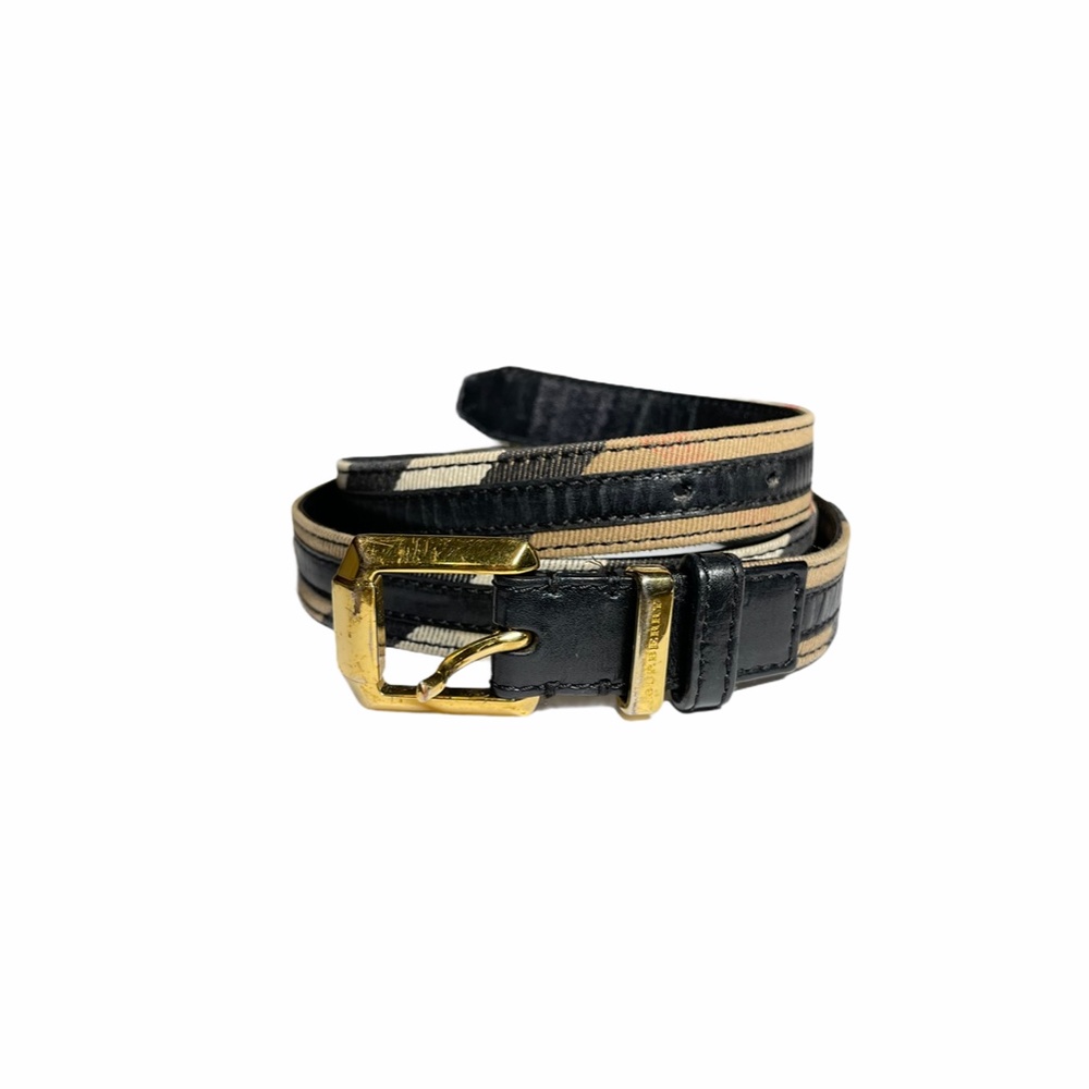 Burberry Brown Leather & Coated Plaid Canvas Belt
